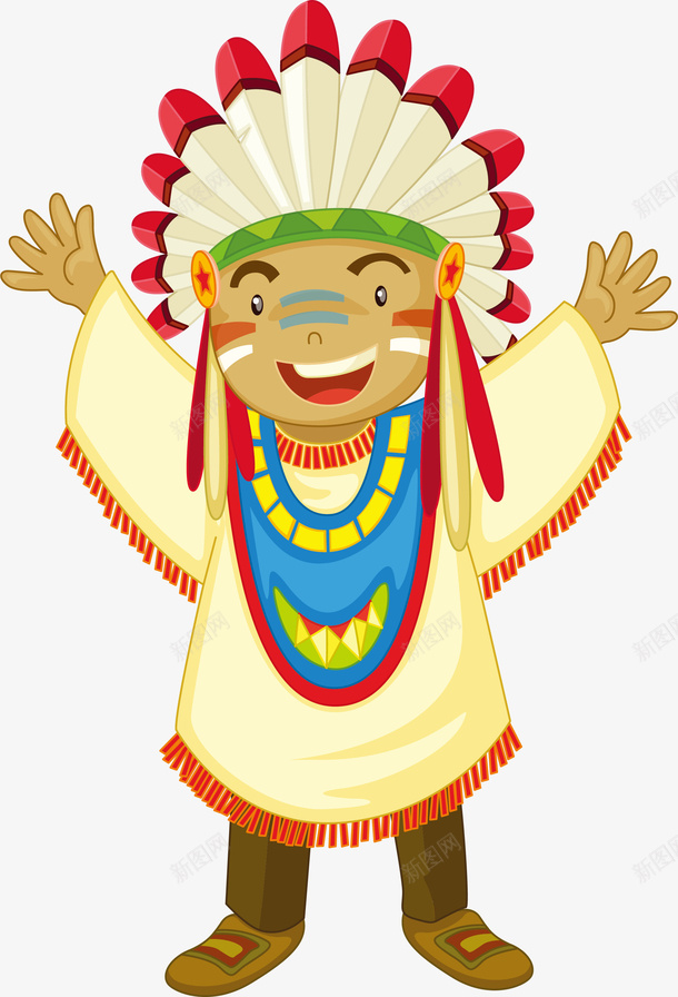 卡通人物印第安人png免抠素材_新图网 https://ixintu.com 举手 人物 免抠PNG 卡通 印第安人 印第安人插画 帽子 羽毛