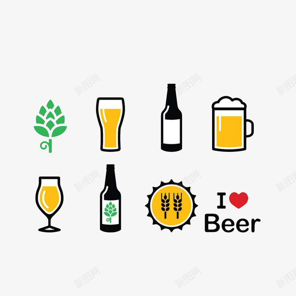 卡通啤酒相关psd免抠素材_新图网 https://ixintu.com 卡通手绘 啤酒泡 绿色小麦 酒杯 酒瓶 饮品