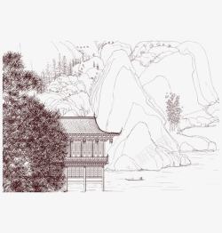 古建筑壁纸中国山水画楼阁和沙棘矢量图高清图片