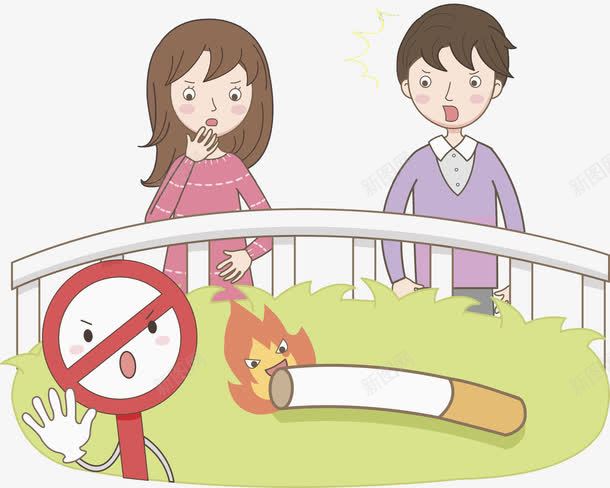 禁止乱扔烟头警示图图标png_新图网 https://ixintu.com 创意 卡通 女孩 插图 烟头 男孩 禁止标识 草丛
