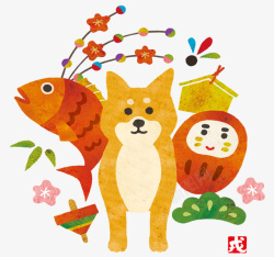 卡通手绘插画装饰日本旅游柴犬秋素材