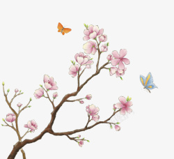 桃树卡通手绘桃花花枝吸引蝴蝶高清图片