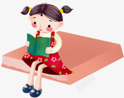 卡通手绘看书的小女孩素材
