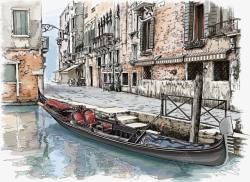 威尼斯的小船水彩威尼斯水城高清图片