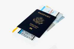 夹杂蓝色夹着机票的护照本实物高清图片