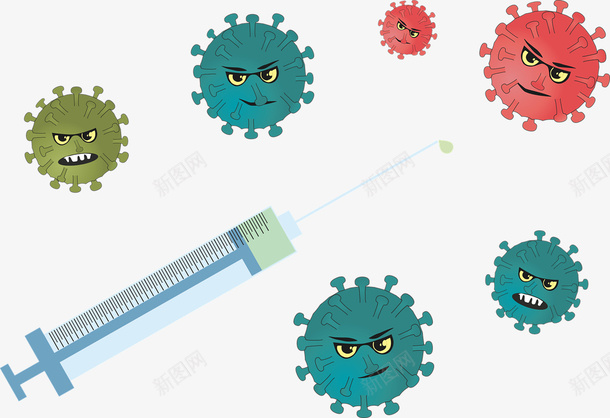 一个白色注射器与许多病毒png免抠素材_新图网 https://ixintu.com 医疗 医疗注射器 注射器 病毒 矢量病毒 细胞 细菌