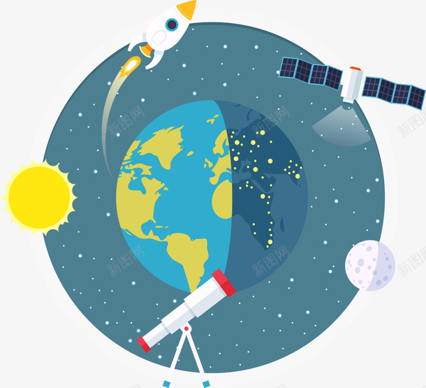 地球外的太空png免抠素材_新图网 https://ixintu.com 卡通 商务 地球 外太空 太阳 宇航船 手绘 望远镜