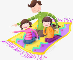 坐在地毯上卡通爸爸和两个女儿坐在会飞的花高清图片