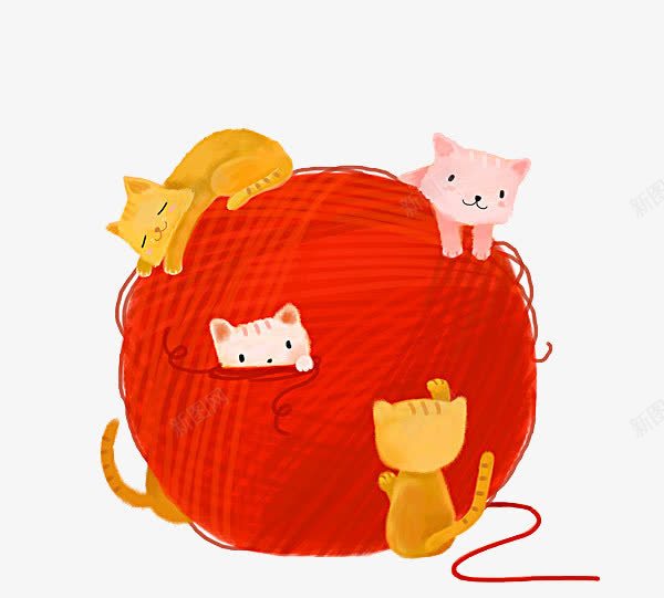 毛线球和猫咪png免抠素材_新图网 https://ixintu.com 卡通 圆球 彩色毛球 手绘 毛线 猫咪 简图 红色 黄色