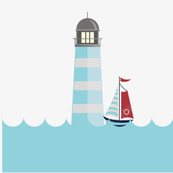 停泊帆船停泊在灯塔旁边的蓝色扁平化高清图片