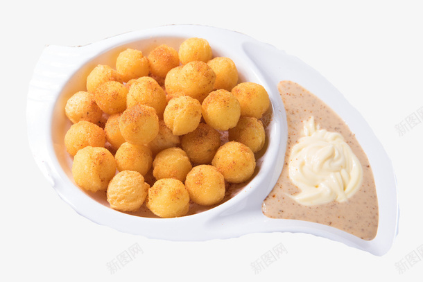 沙拉酱和芝士薯球png免抠素材_新图网 https://ixintu.com 沙拉酱 炸薯球 芝士薯球 薯球 黄色 黄金薯球