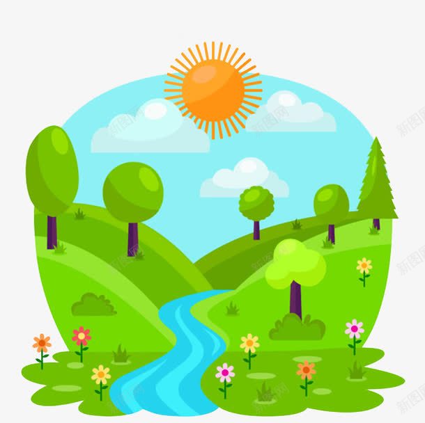 绿野河流png免抠素材_新图网 https://ixintu.com 卡通 大自然 手绘 环境 环境保护 绿树 美好环境 青山绿水