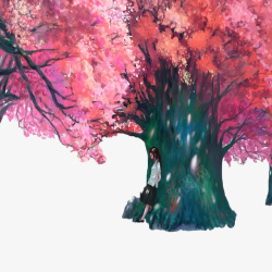 浪漫手绘樱花树素材