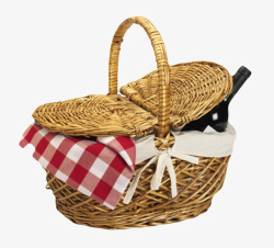 棕色篮子棕色容器有红酒的野餐篮子编织物高清图片