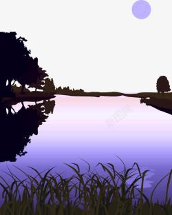 流入江河的水紫色湖泊美景矢量图高清图片