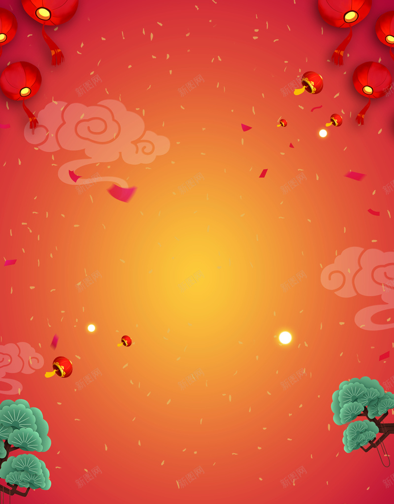 春节背景元素图jpg设计背景_新图网 https://ixintu.com 元宝 底纹 松柏 灯笼 祥云 福