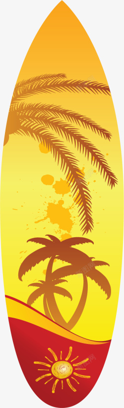黄色冲浪板海边椰子树冲浪板矢量图高清图片