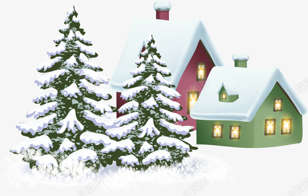 圣诞节绿色圣诞树png免抠素材_新图网 https://ixintu.com 冬季房屋 圣诞节 寒冷 白雪皑皑 绿色圣诞树 黄色灯光