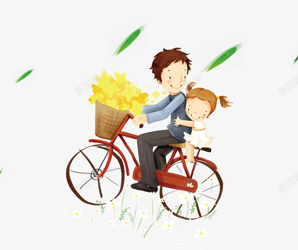 卡通手绘骑车带着孩子的父亲psd免抠素材_新图网 https://ixintu.com 卡通 孩子的父亲 手绘 草地 飘散的树叶 骑车带着 黄色花朵