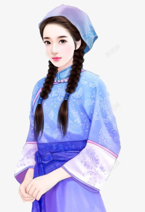 辫子姑娘png免抠素材_新图网 https://ixintu.com 中国风 女 手绘 插画 汉服 蓝色 辫子