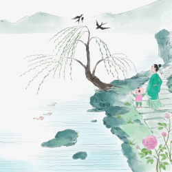 中国风手绘春日风景插画素材
