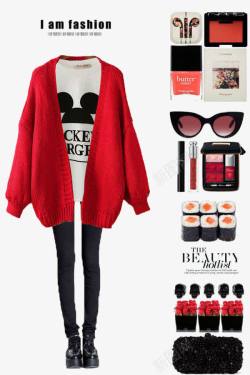 开衫毛衣外套红色毛衣外套和黑色裤子高清图片