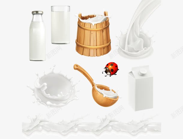 牛奶元素png免抠素材_新图网 https://ixintu.com EPS 一杯奶 木勺 桶 牛奶元素 牛奶瓶 瓢虫 飞溅