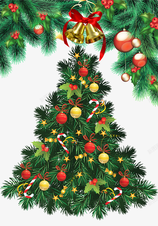 圣诞树和金色铃铛psd免抠素材_新图网 https://ixintu.com 圣诞树 圣诞节素材 挂满礼物 绿色松针 金色铃铛
