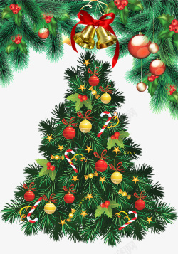 挂满礼物圣诞树和金色铃铛高清图片