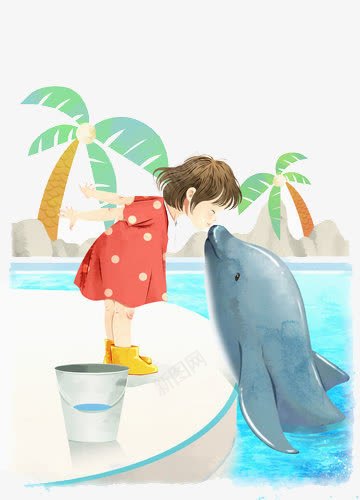 跟海豚亲昵的小孩png免抠素材_新图网 https://ixintu.com 保护 动物园 友爱