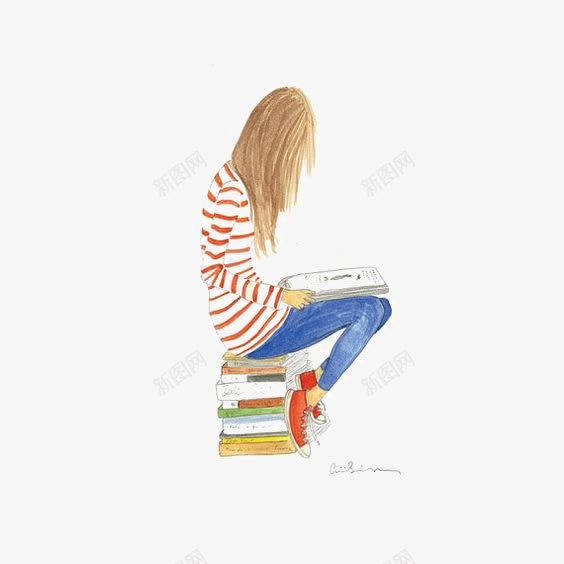 读书女生png免抠素材_新图网 https://ixintu.com 女生 手绘 条纹衣服 看书