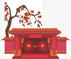 春节新年大门装饰红色灯笼高清图片