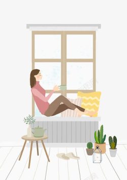 窗台背景手绘坐在窗台上休息的女孩高清图片
