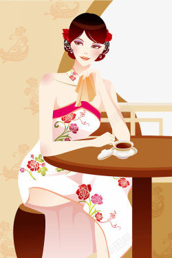 穿旗袍端坐桌前喝茶的女人素材