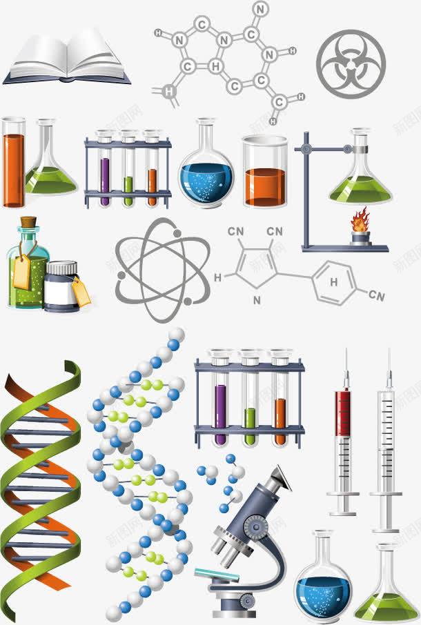 实验室元素png免抠素材_新图网 https://ixintu.com 书 分子 烧杯 酒精灯