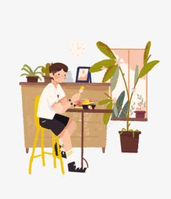 褐色的手绘桌子与凳子吃西瓜的男孩高清图片