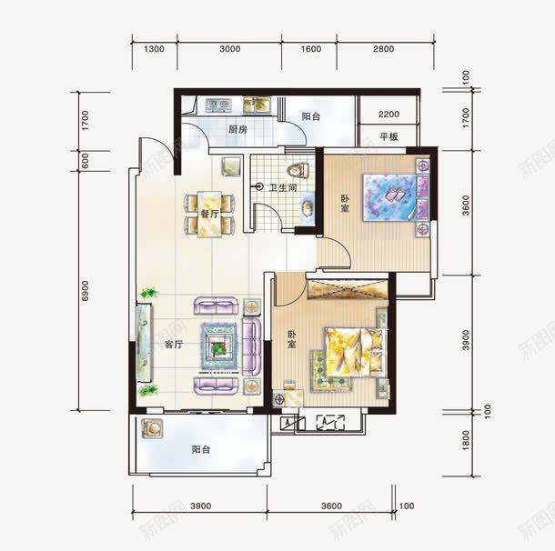 两房两厅彩平图平面户型图png免抠素材_新图网 https://ixintu.com 两房两厅 平面户型图 彩平图