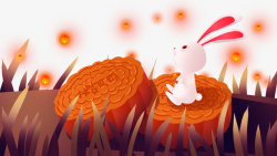 卡通手绘坐在月饼上赏月的兔素材