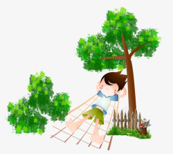 卡通手绘儿童树下乘凉素材