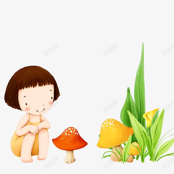采蘑菇的小姑娘png免抠素材_新图网 https://ixintu.com 卡通 小姑娘 手绘 采蘑菇