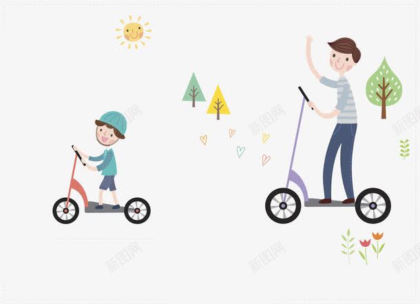 骑车的孩子png免抠素材_新图网 https://ixintu.com 卡通 可爱的 大人 太阳 小孩 帅气的 手绘 滑板车 玩滑板车