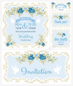 5款蓝色5款蓝色花卉婚礼邀请卡矢量图高清图片