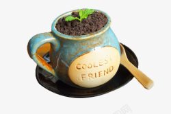 盆栽奶茶蓝色陶瓷杯里的盆栽奶茶高清图片