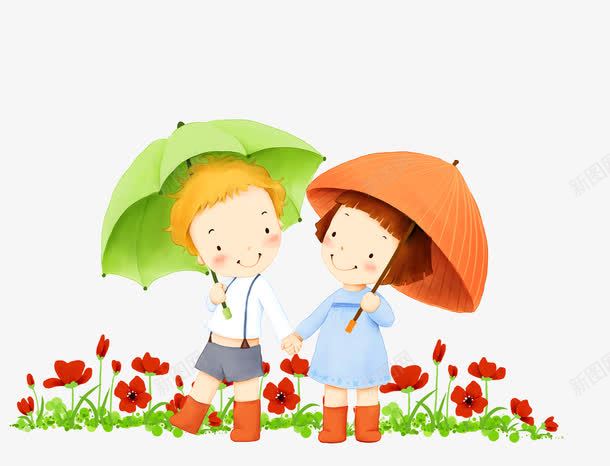 卡通png免抠素材_新图网 https://ixintu.com 下雨天 伞 儿童 手绘 水彩 漫画人物 红色花 雨伞