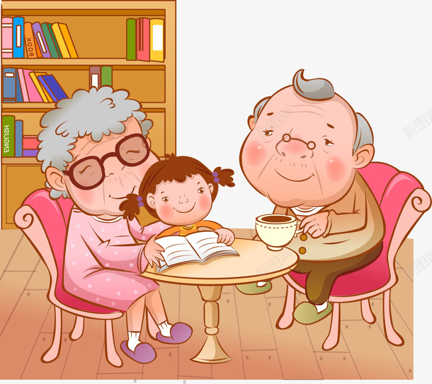 老人与孩子一起坐在桌前看书png免抠素材_新图网 https://ixintu.com 一起坐着 亲子温馨时刻 喝茶 在桌前 坐着读书 看书 老人与孩子 老人和孩子