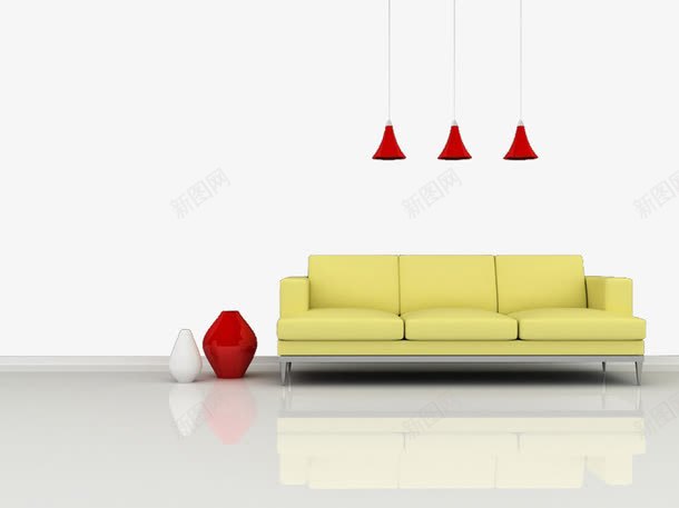 现代简洁装饰png免抠素材_新图网 https://ixintu.com 创意 地板 沙发 红灯