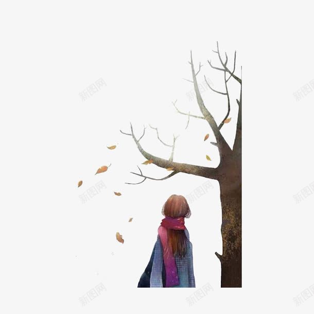 树下看落叶的女孩背影png免抠素材_新图网 https://ixintu.com 插画 树下的人 树下看落叶的女孩背影 离开的背影