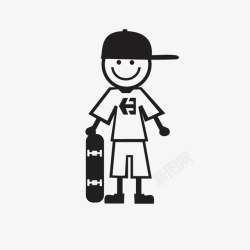 滑板图标手绘黑色卡通拿滑板小男孩简笔画图标高清图片