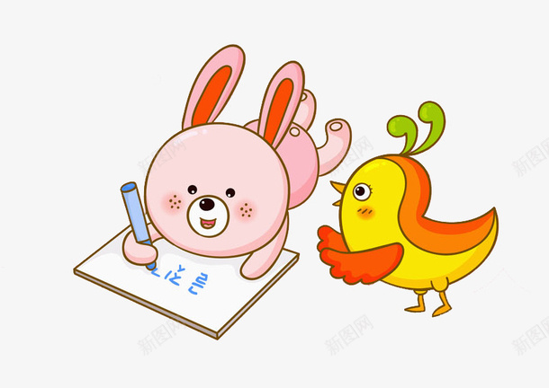 写作业的兔子png免抠素材_新图网 https://ixintu.com 兔子 卡通 可爱的 学作业 小鸡 纸张 铅笔