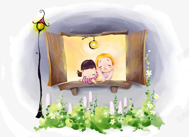 卡通小人png免抠素材_新图网 https://ixintu.com 儿童 小孩子 打开窗 推开窗 木窗 窗户 童年 路灯